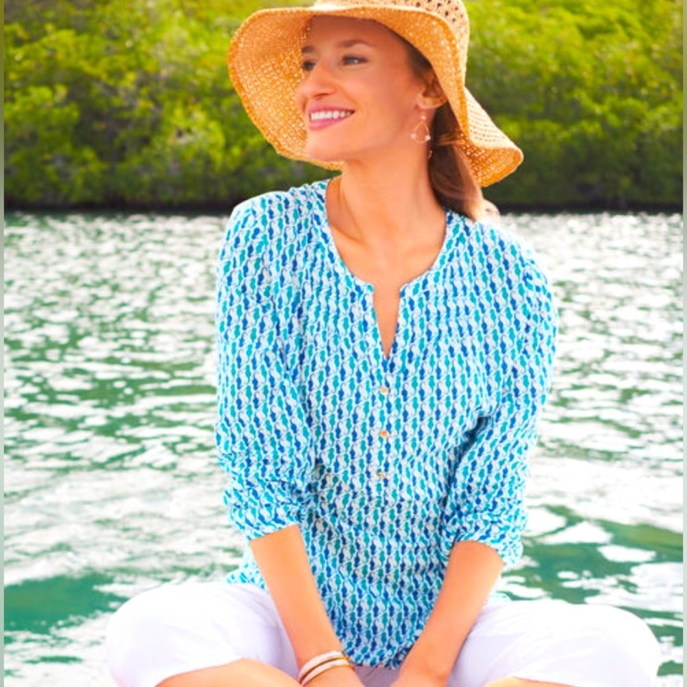 Talbots Blue Seahorse Pintuck Pop Over Tunic Blouse Size M